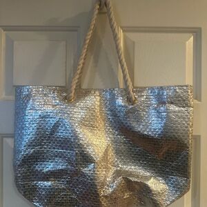 Saks Fifth Avenue Woven Tote Handbag Purse Painted Metallic Silver Type NWT